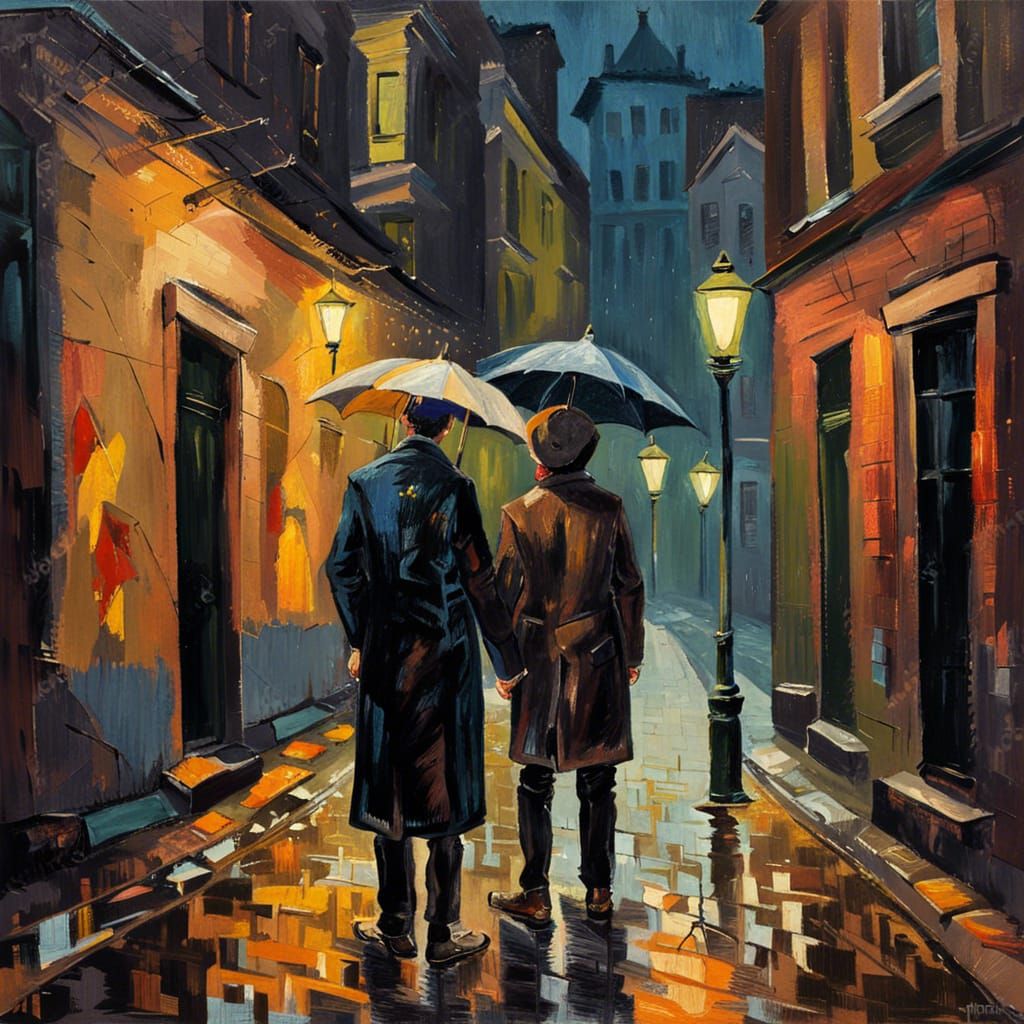 Gothic Couple in Rainy Alley: Impressionist Gouache Masterpi...