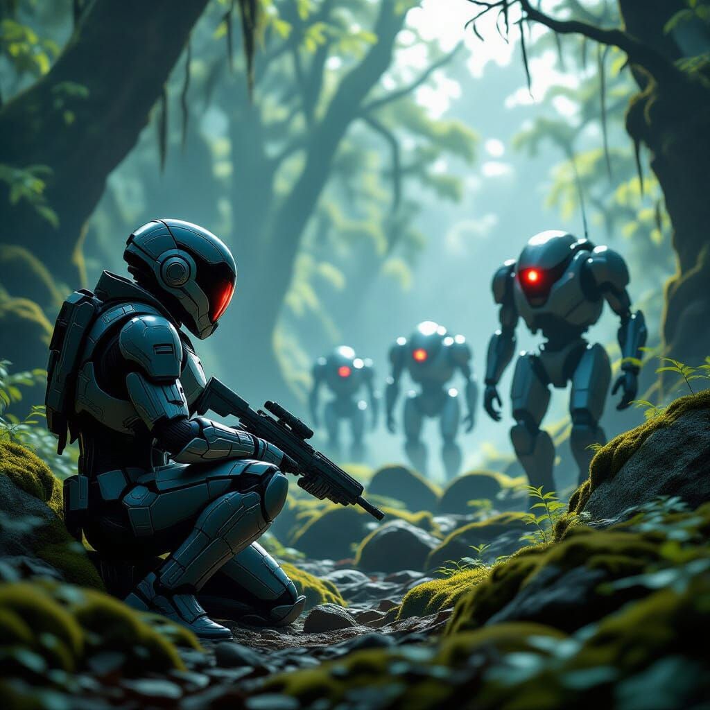 Stealth Trooper Hides from Robot Patrol in Ancient Forest