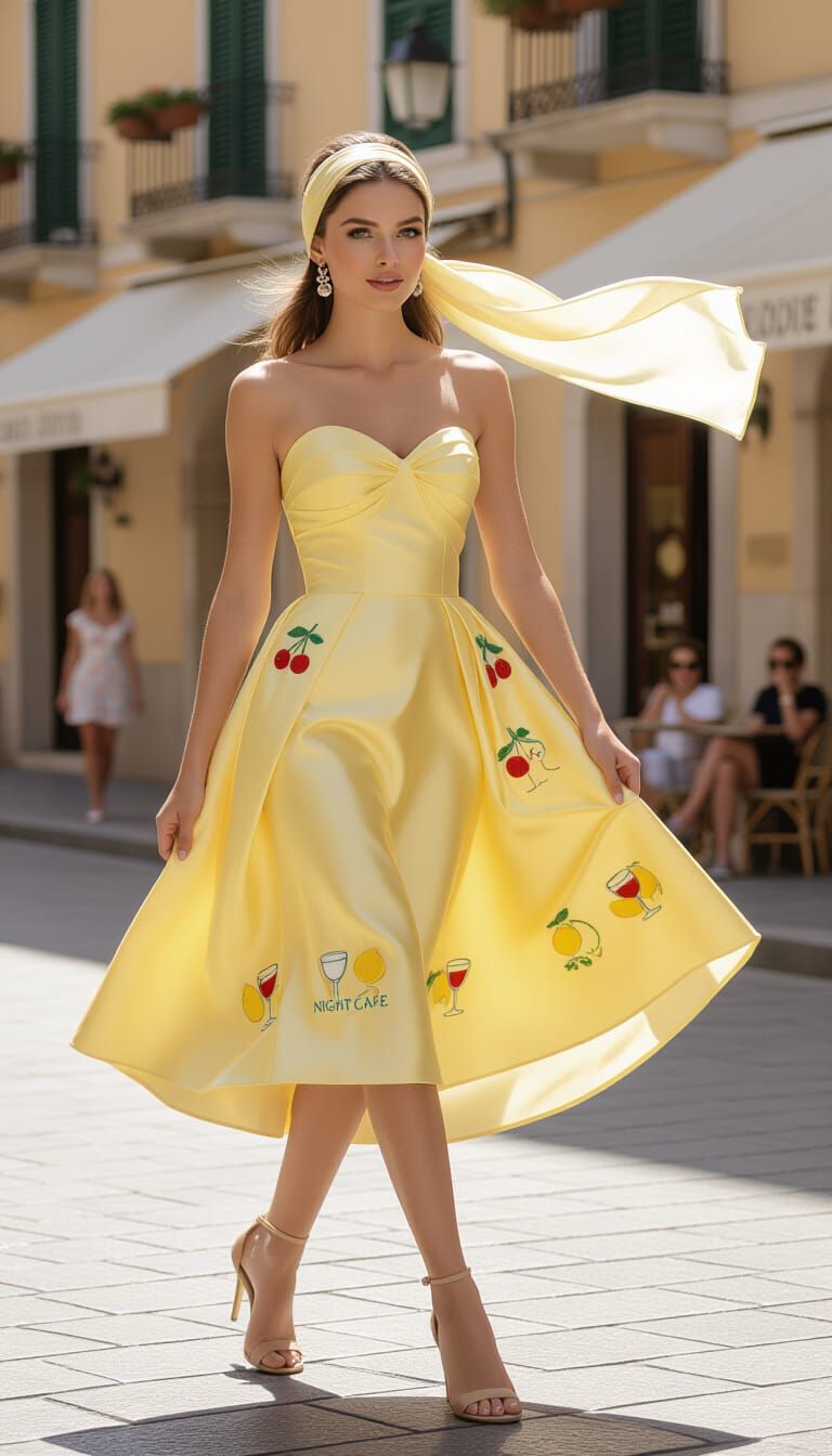 Chic Woman in Yellow Dress on Sunny Street