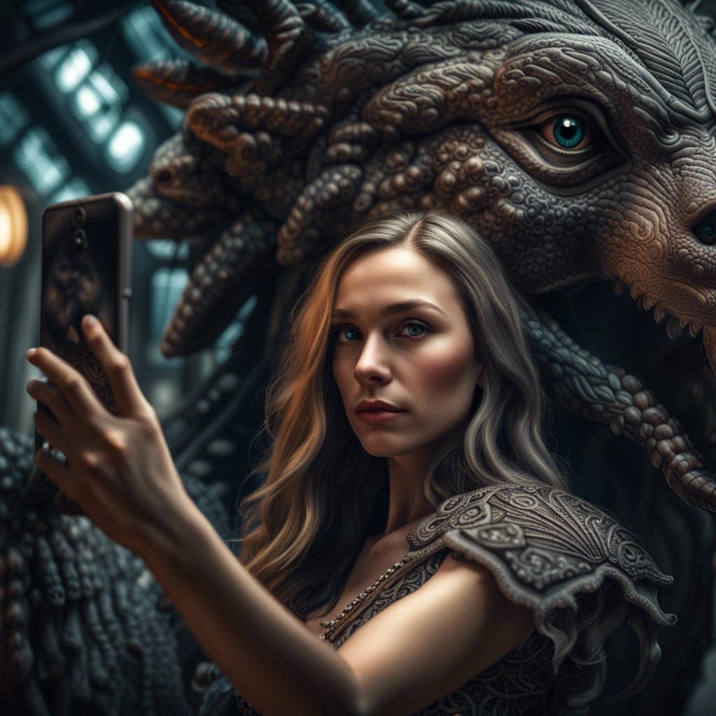 Selfies with Mystical Creature in Hyperrealistic Style