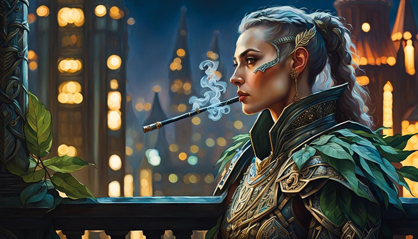 Elven Druid in Cyberpunk City, Digital Portrait