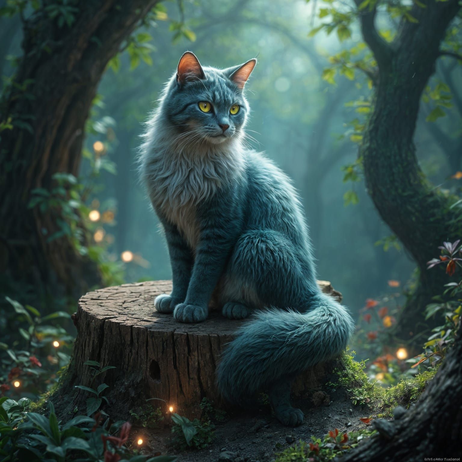 Regal Cat on Ancient Tree Stump in Whimsical Fantasy Realm