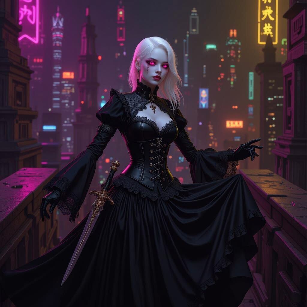 Albino Woman Lost in Neon City Maze with Dagger