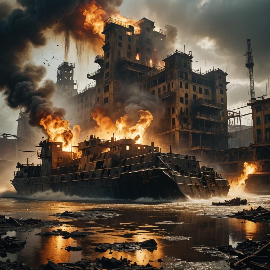 Dystopian Military Barges Speeding Past Ruined Casino