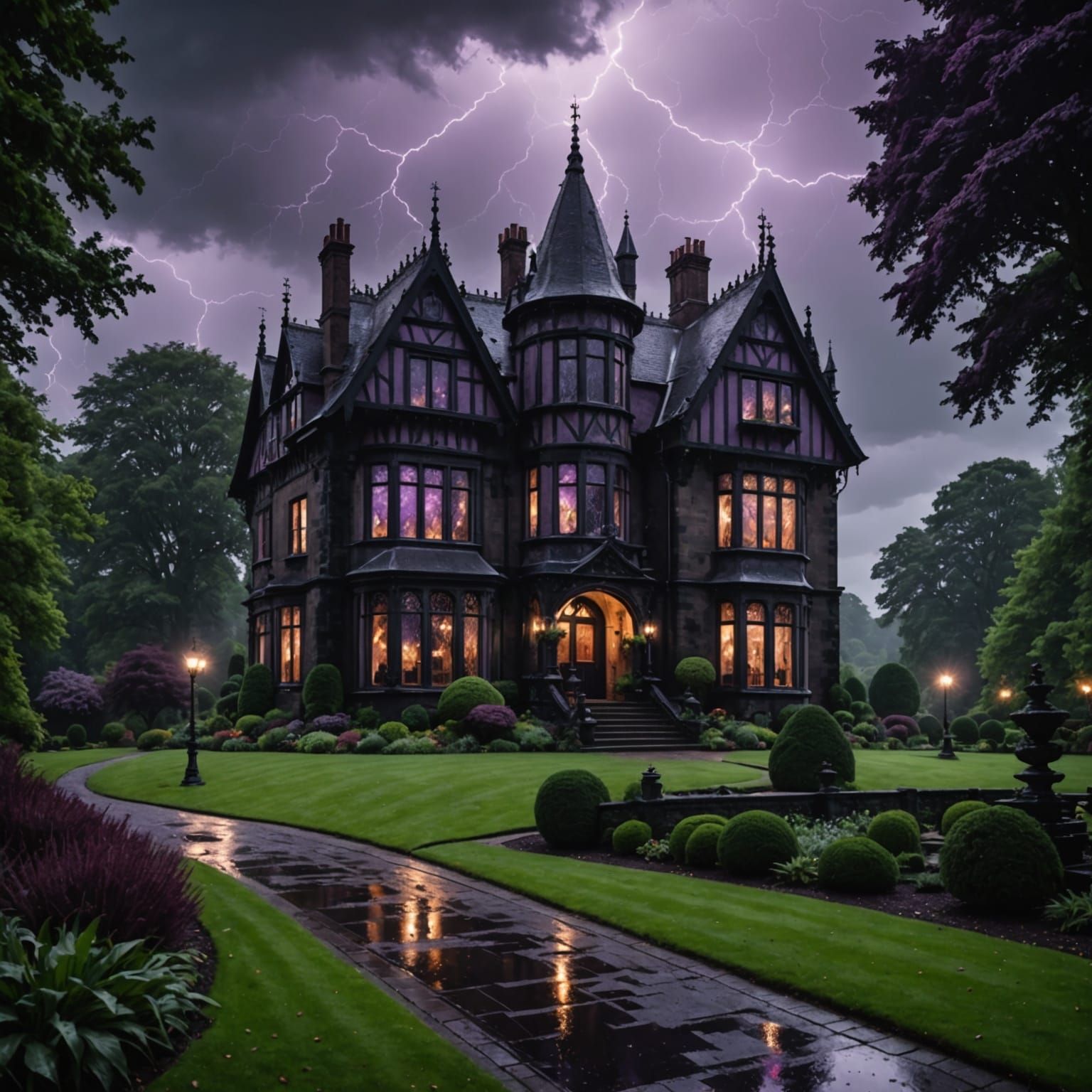Gothic Mansion on Hill Under Lightning Storm