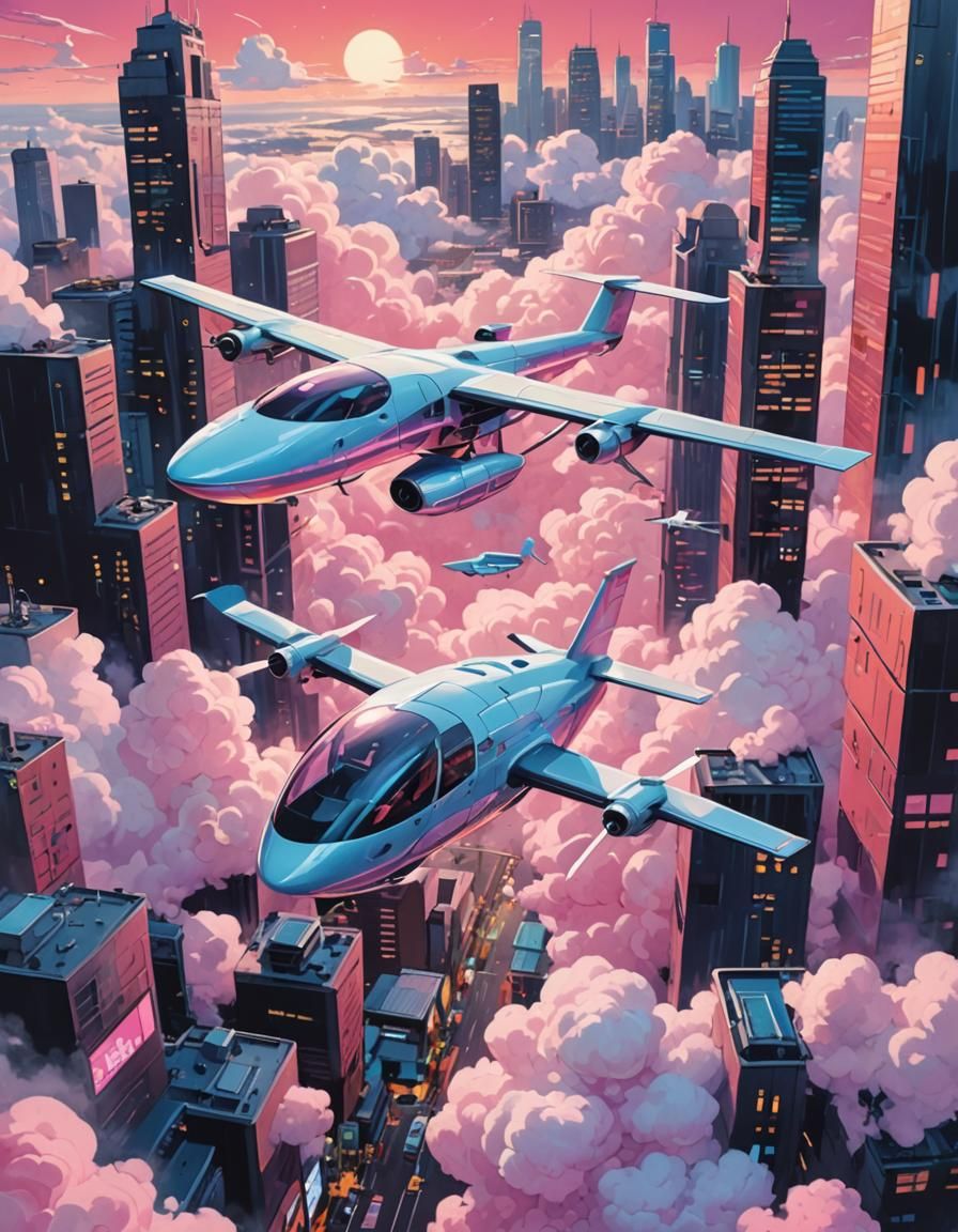 Futuristic Cloud City with Aircraft: Flat Illustration