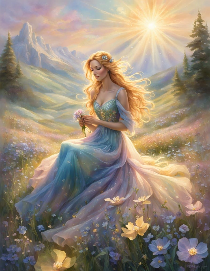 Ethereal Damsel in Sun-Dappled Meadow