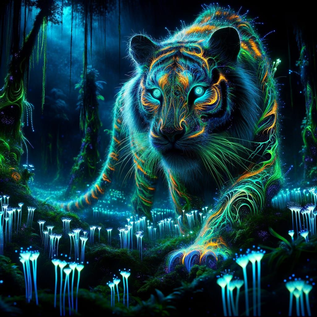 Surreal Tiger Emerges from Luminous Jungle