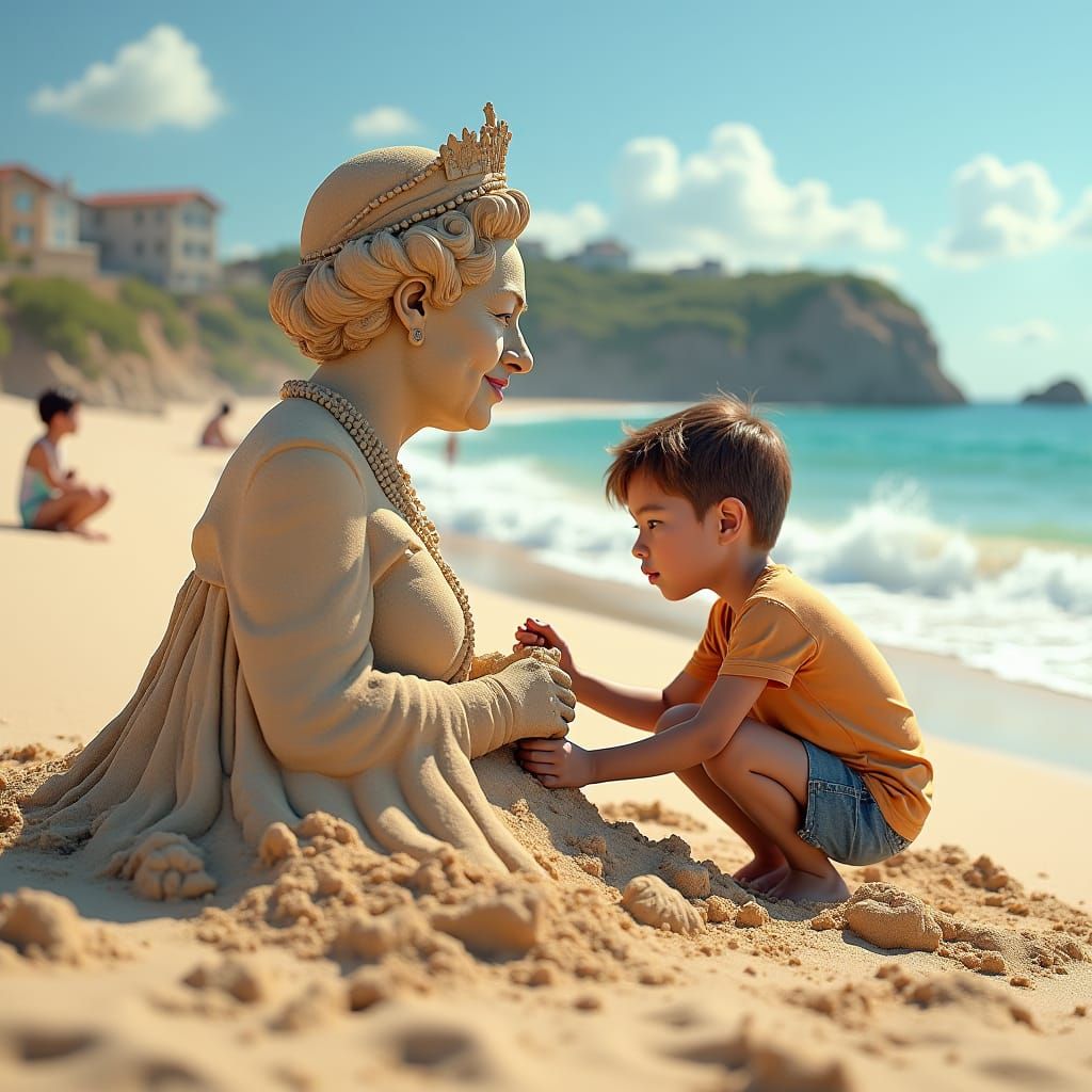 Boy Sculpts Queen Elizabeth Sand Statue: Fantasy Concept Art