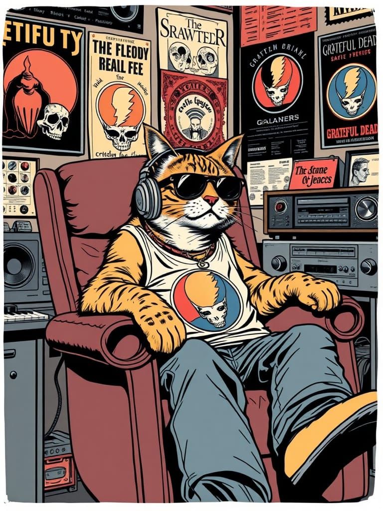 Boomer Cat in Mancave, Grateful Dead Aesthetic