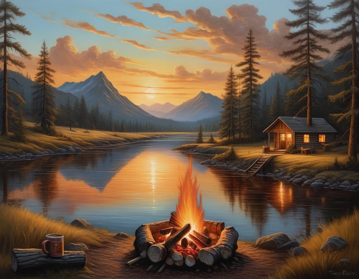 Warm Campfire by River at Sunset Oil Painting