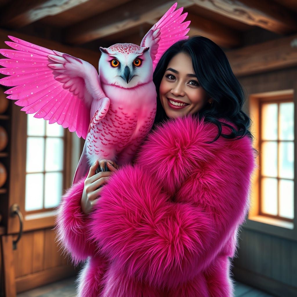 Woman in Rustic Wooden Interior with Fuchsia Coat and Majest...