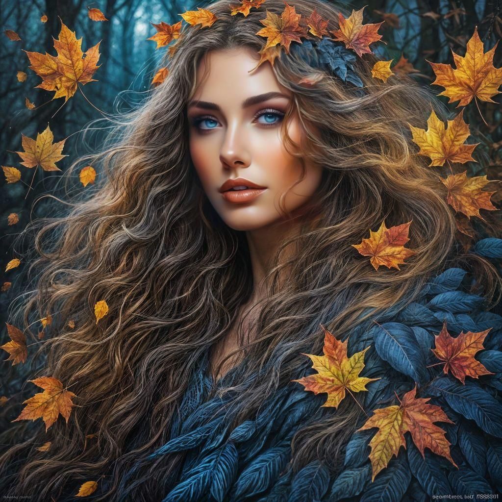Autumn Woman with Leaf Hair in Fantasy Art Style