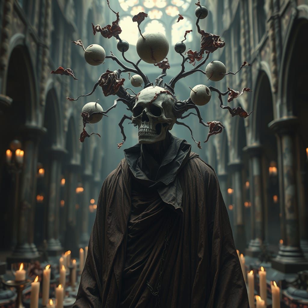 Surreal Figure in Ruined Cathedral, Biomechanical Art