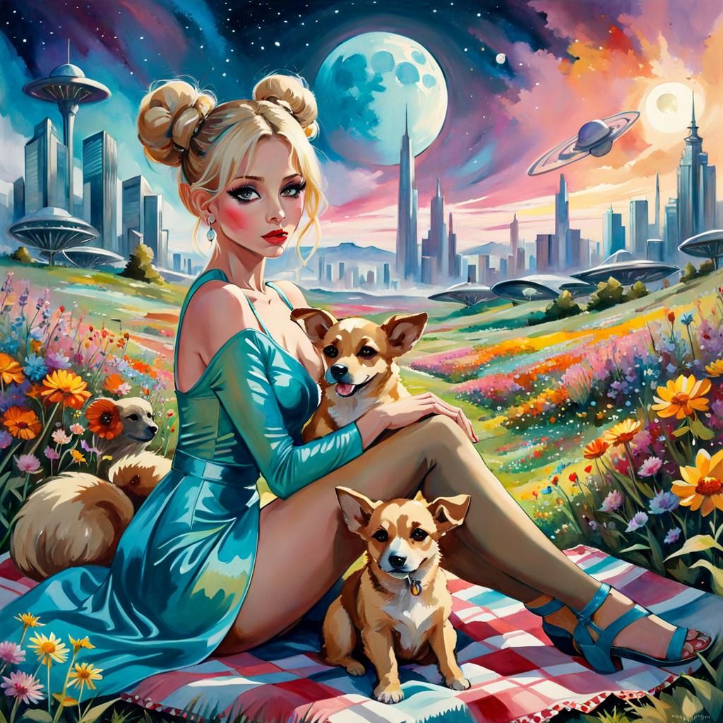 Lady with Alien Dog on Alien Planet as Watercolor