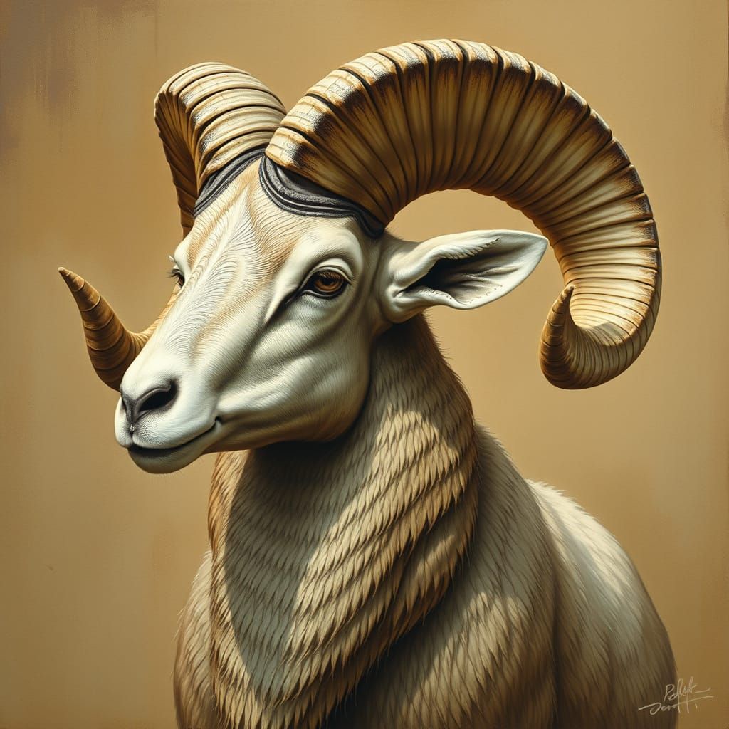 Majestic Ram with Nautilus Shell Horn