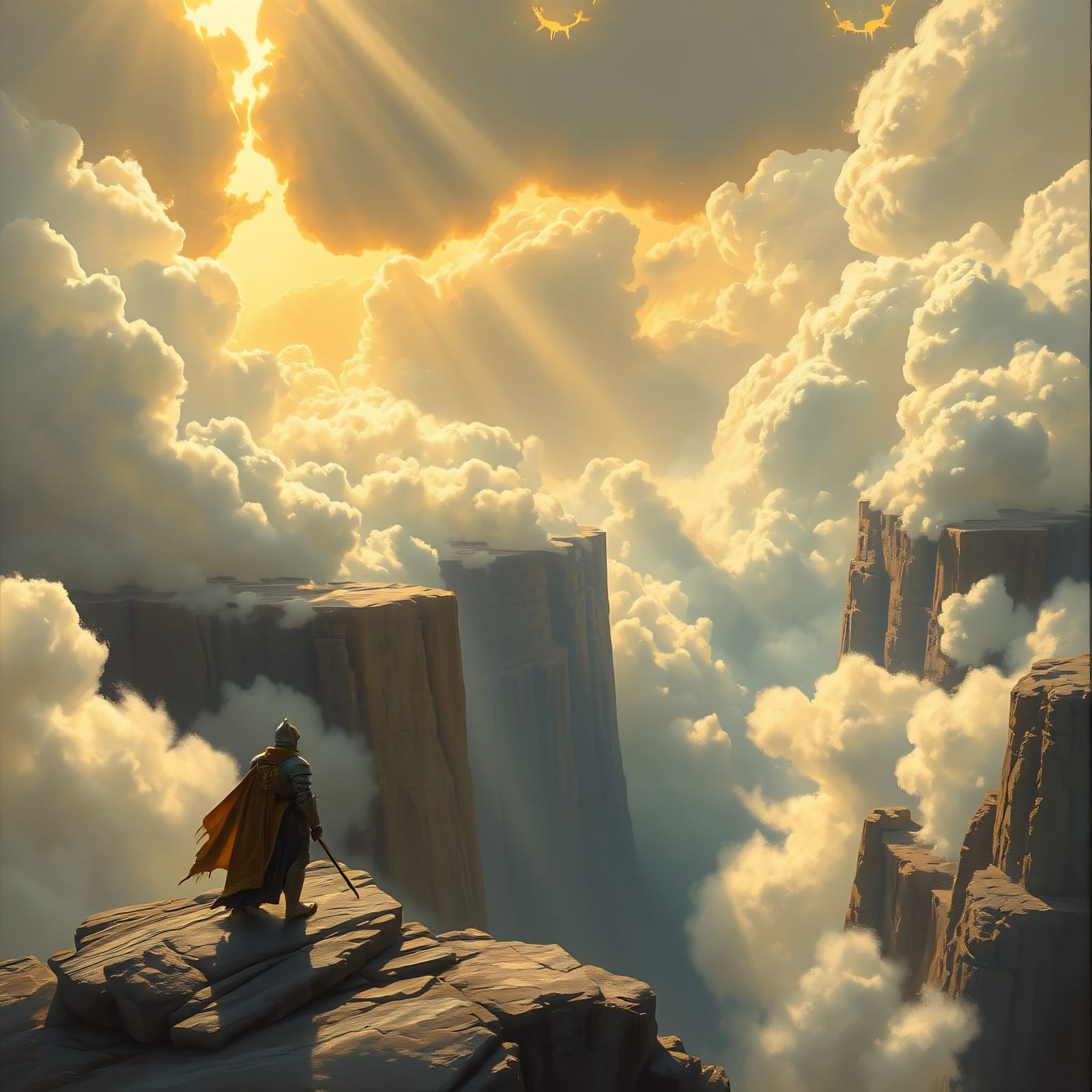 Knight at Cloud Chasm Precipice in Golden Light