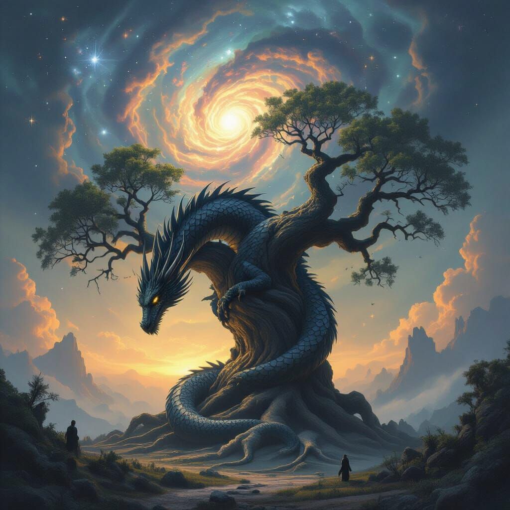 Obsidian Dragon Coiled Around Ancient Tree in Gothic Fantasy