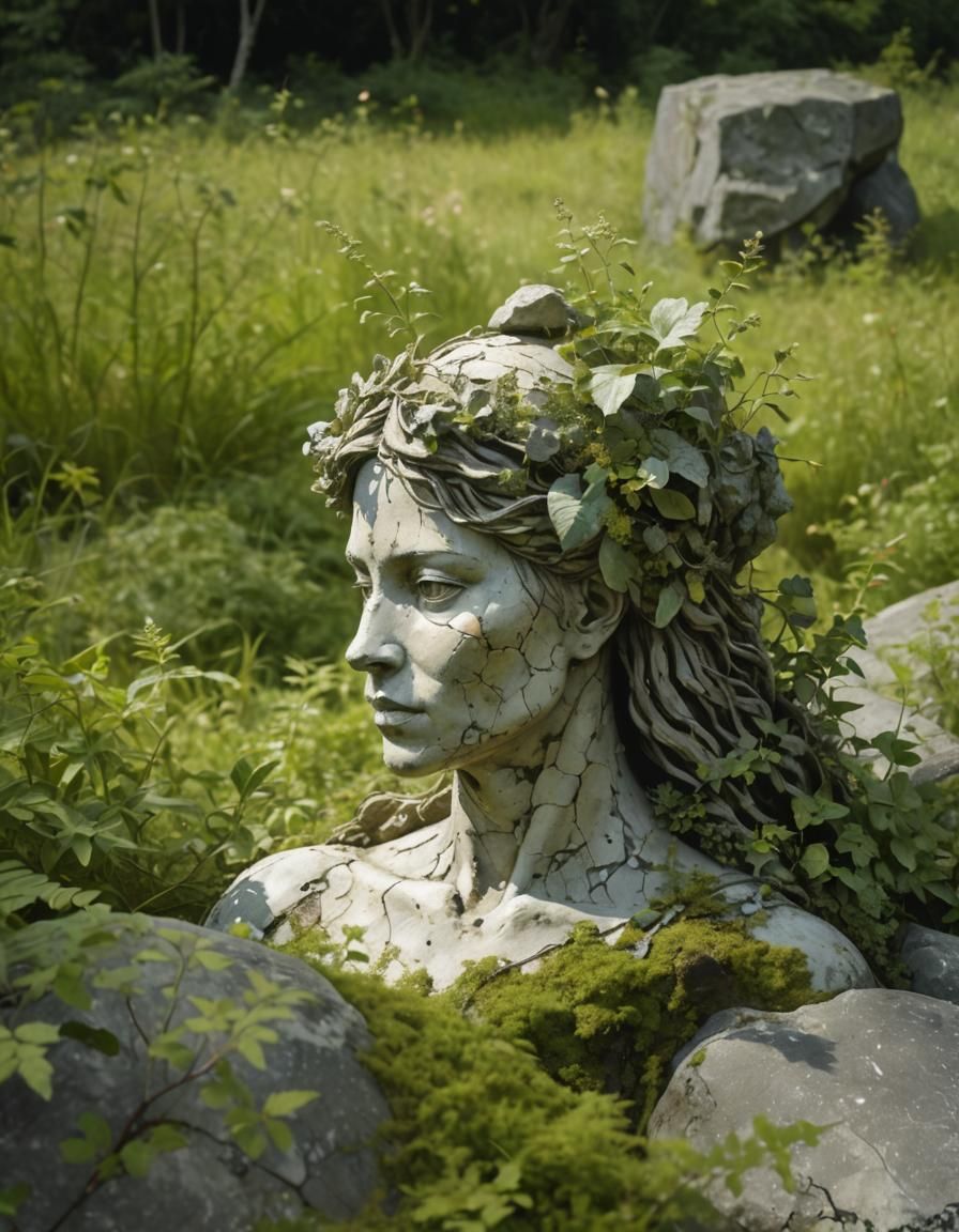 Renaissance Rock Woman Sculpture with Vegetation