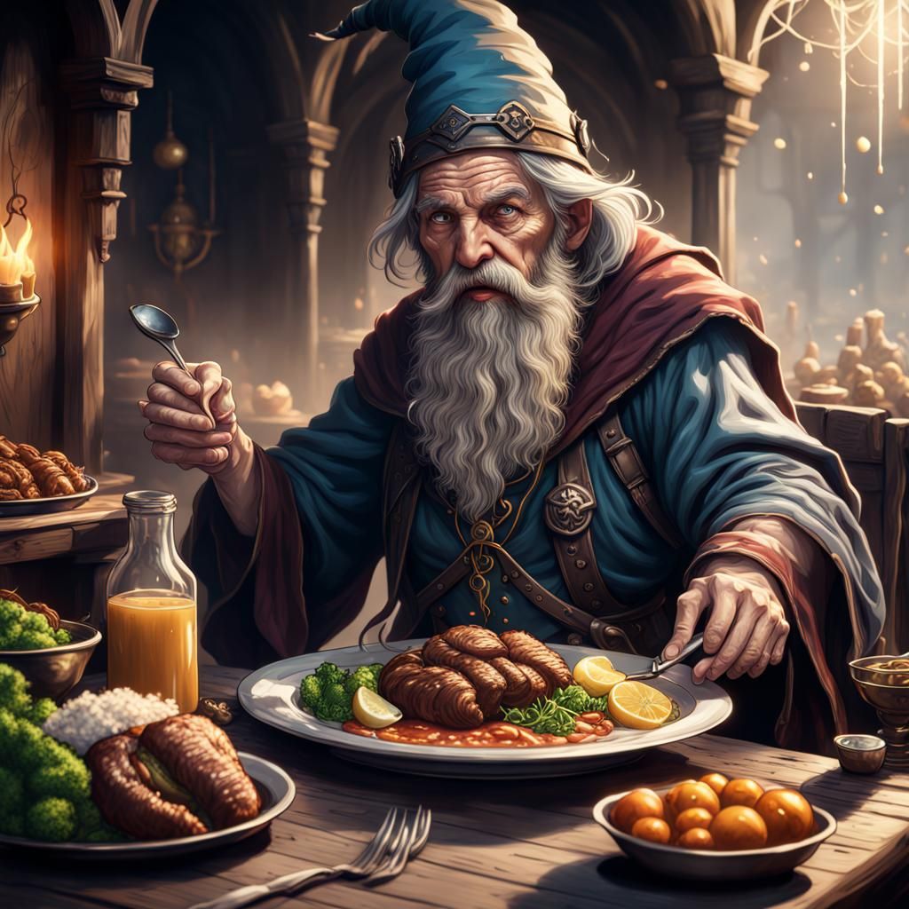 D&D Wizard Consuming a Meal in Matte Painting Style