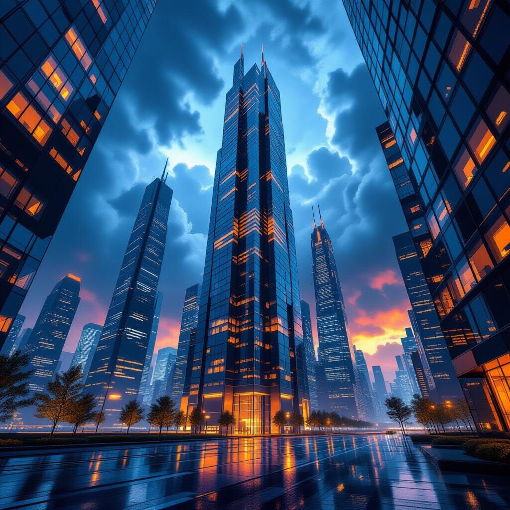 Futuristic Cityscape with Towering Skyscrapers Under Stormy ...