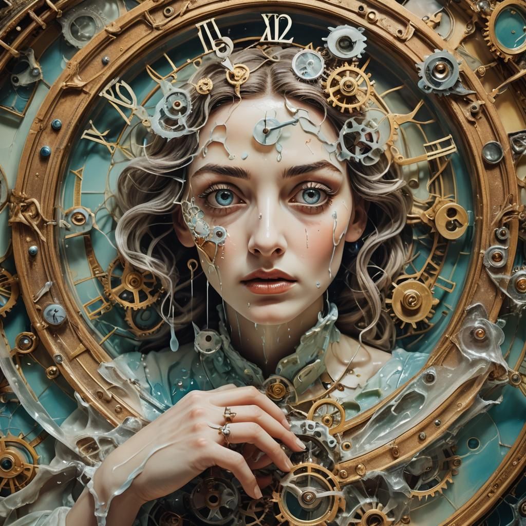 Surreal Woman with Melting Clock in Dreamscape