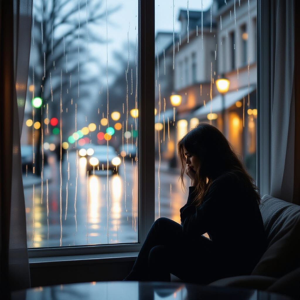 Figure by Rainy Window: Cinematic Realism for Healing