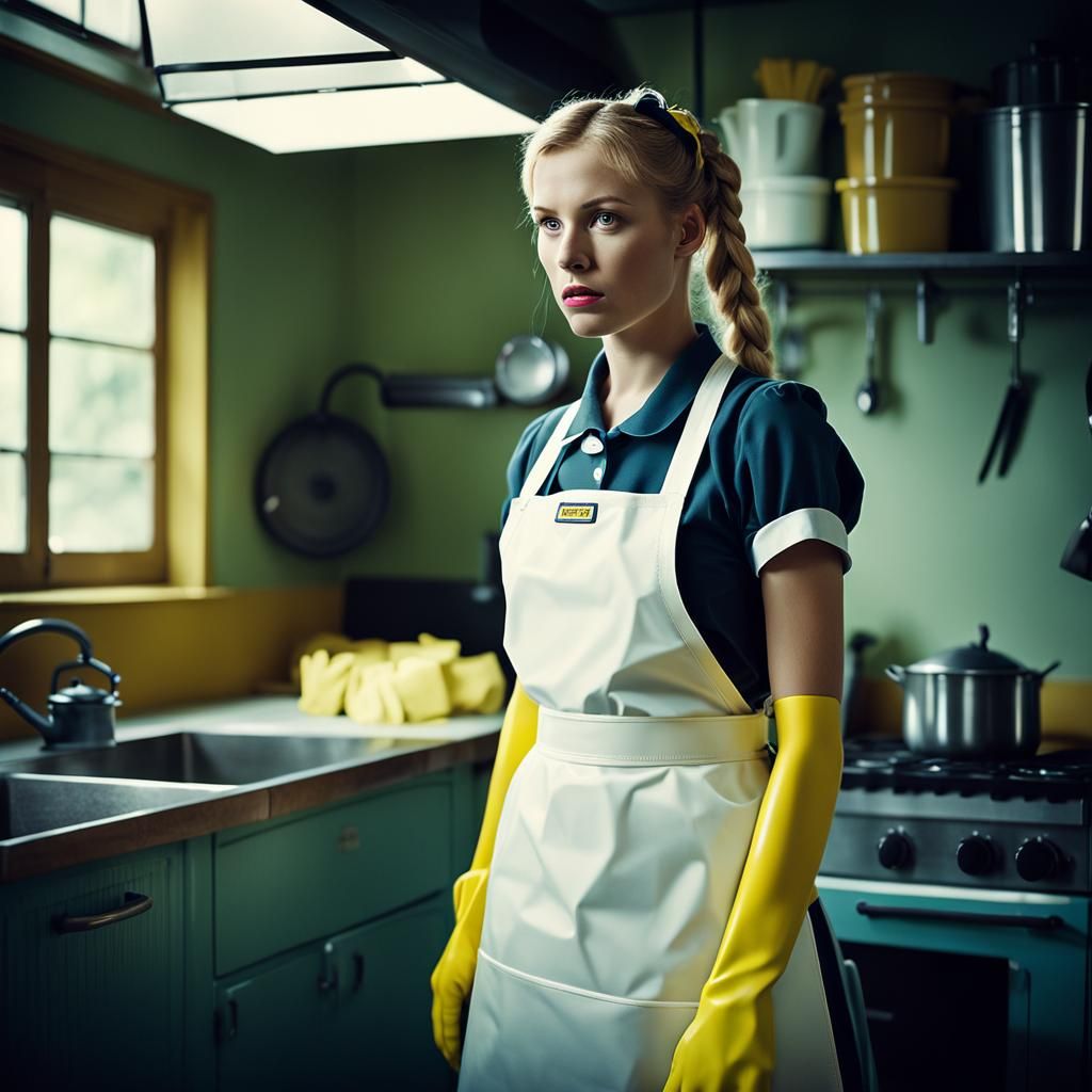 Tired Maid in Rubber Boots: Cinematic Film Still