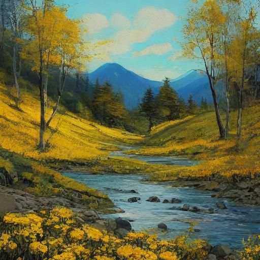 Vibrant Forest Clearing with Creek and Wildlife