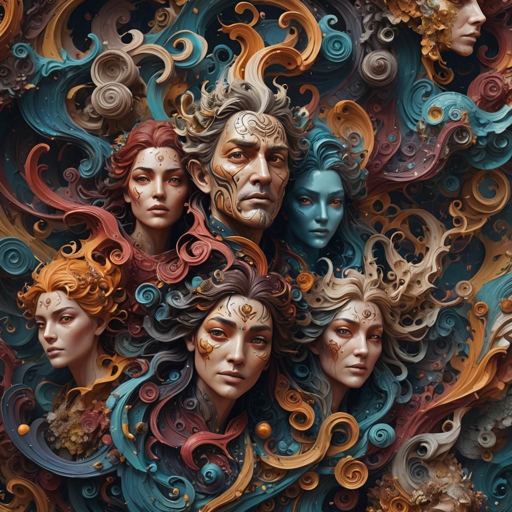 Swirling Faces: Detailed Matte Painting in Deep Color