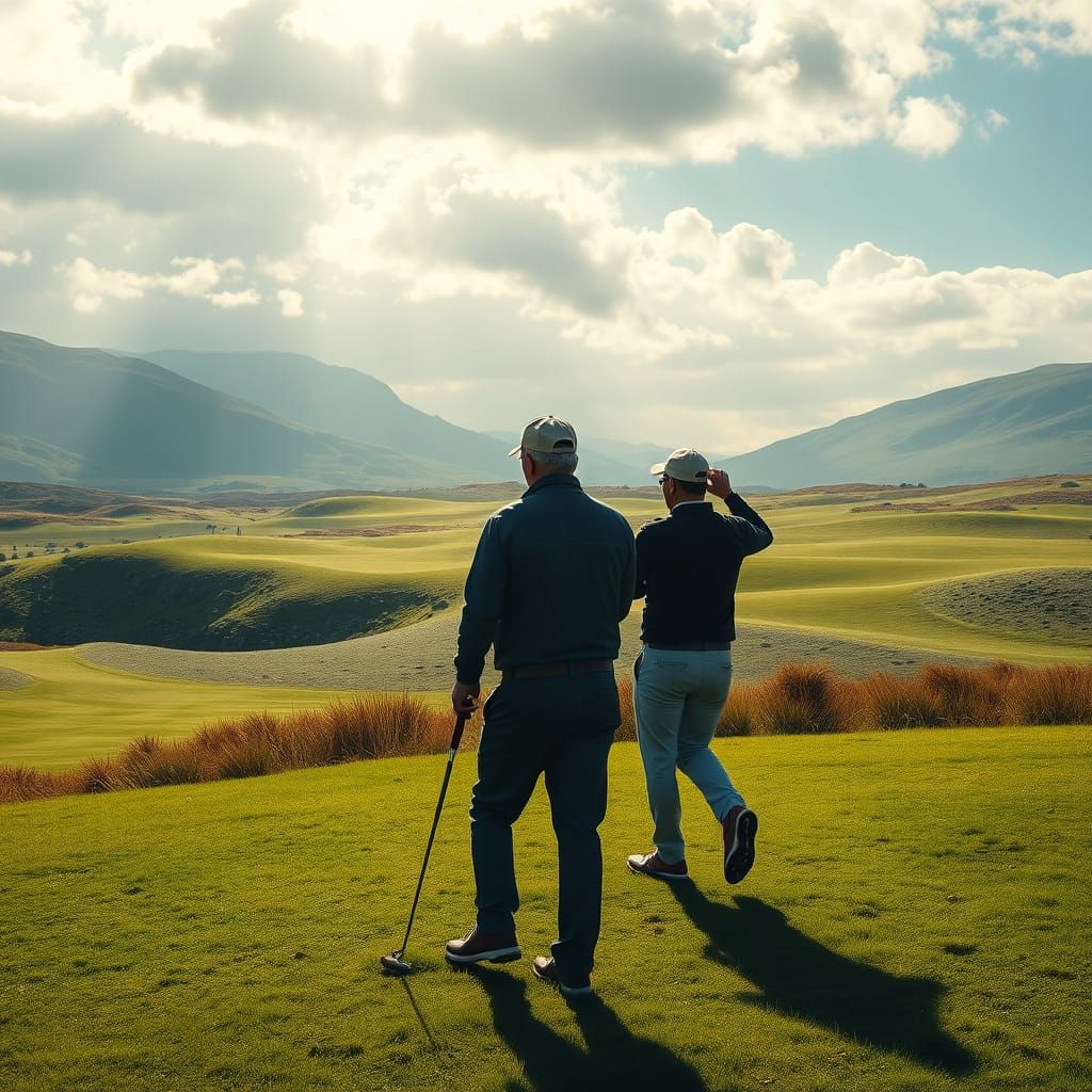Golfers Tee Off Under Sunshine on a Scottish Links Course