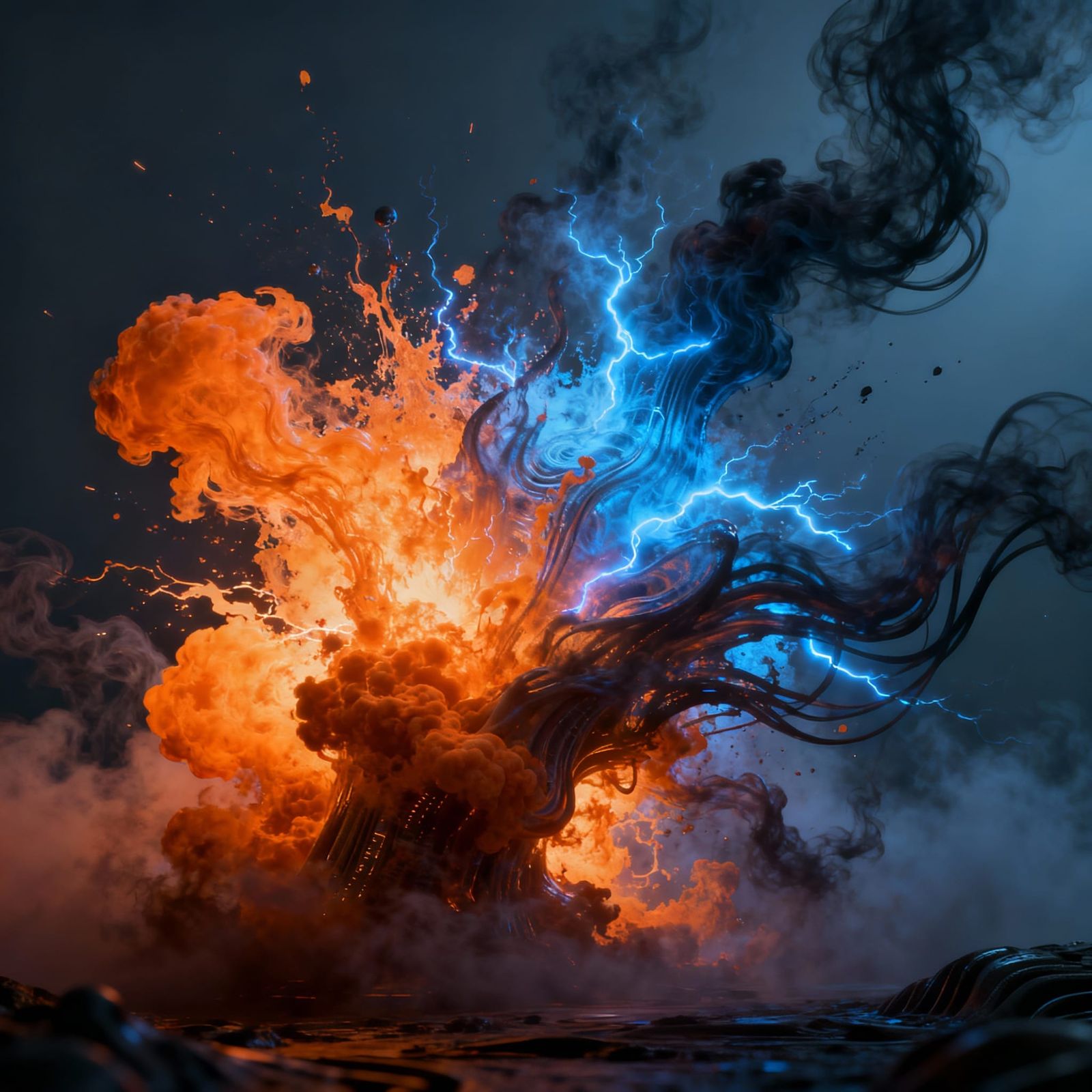 Liquide fire fusion Hyperrealistic, splash art, concept art,...