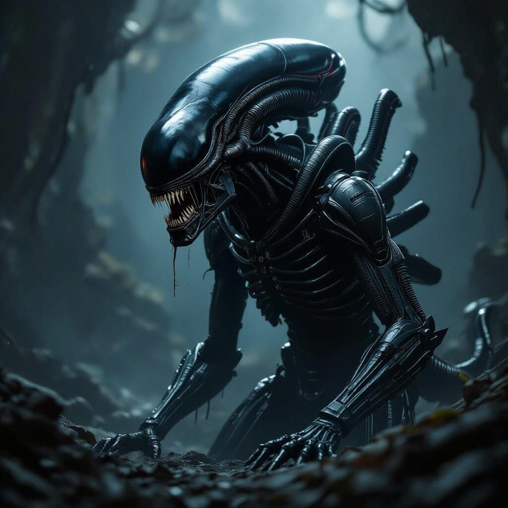 Terrifying Xenomorph Lurking in Darkness