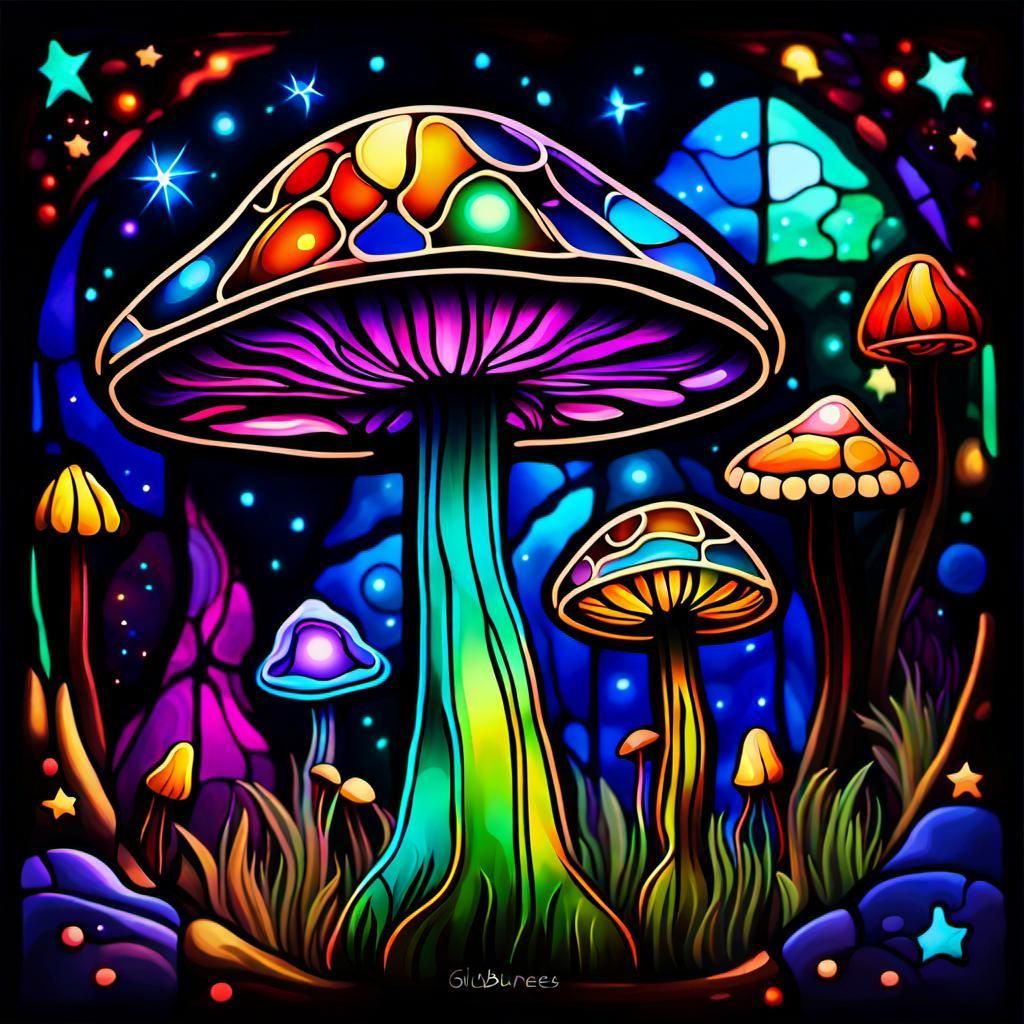 Cosmic Mushroom in Stained Glass Landscape