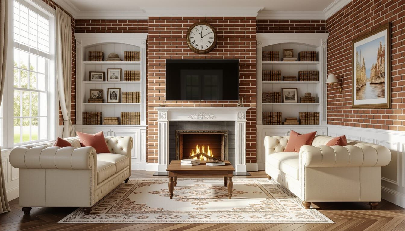 Vibrant Victorian Living Room with Fireplace and Bookshelves
