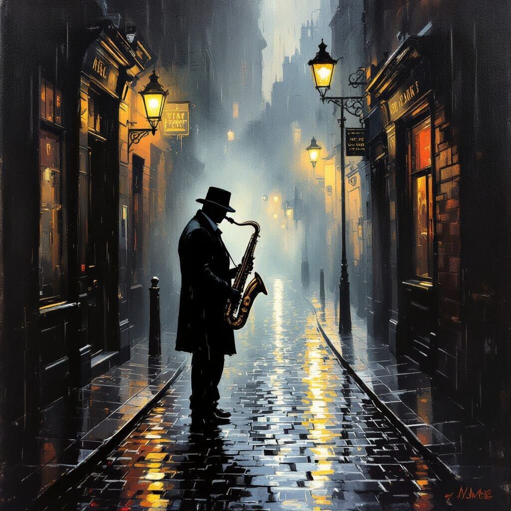 Jazz Saxophonist in Misty Paris-London Alley