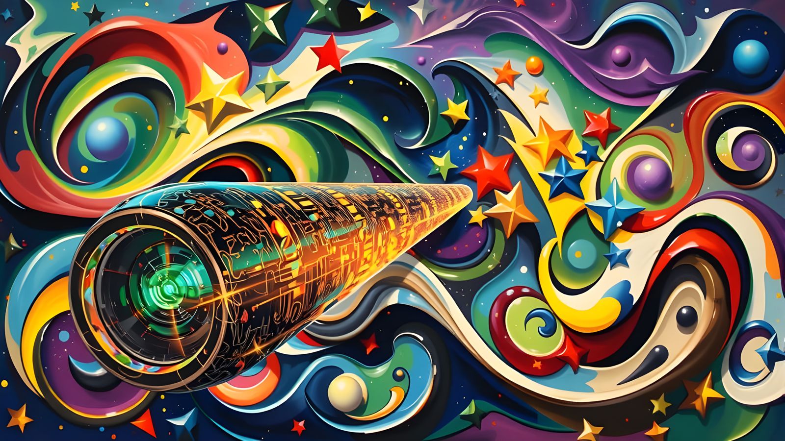 Surreal Metallic Cylinder Reflecting a Starry Cosmos