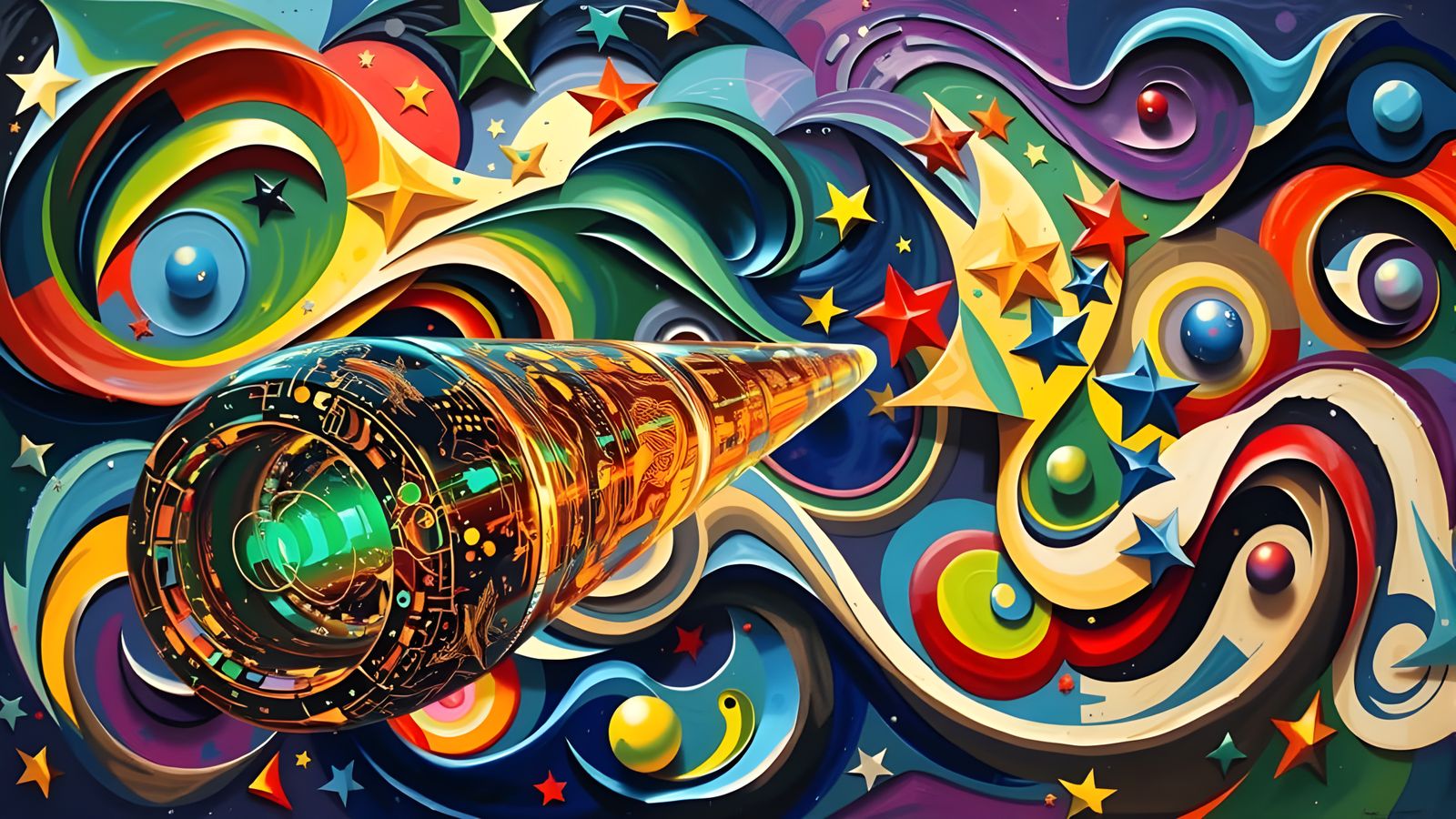 Surreal Cosmic Cylinder Reflecting Impasto Stars