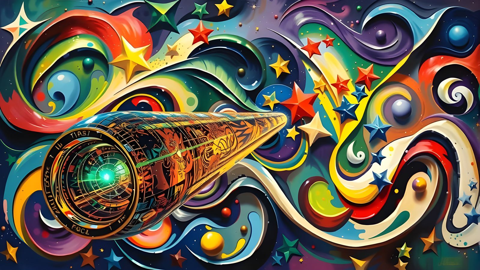 Surreal Metallic Cylinder Reflecting Impasto Starry Cosmos