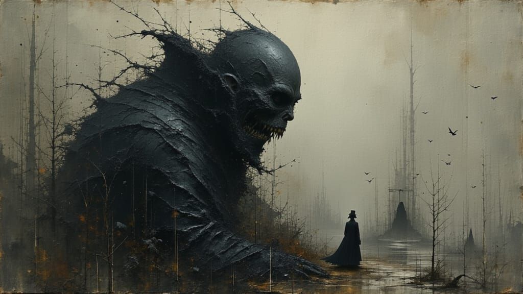 Terrifying Victorian Monster in Dreamscape Oil Painting