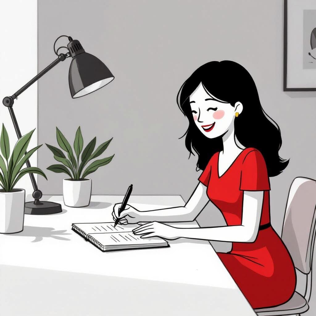 Minimalist Stick Figure Woman Writing at Desk in Red Dress