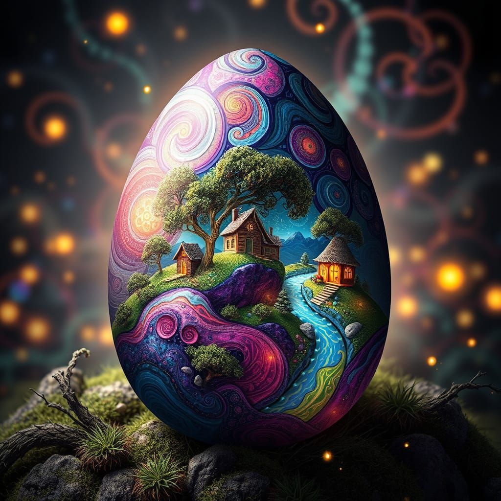 Fantastical Easter Egg World with Glowing Treehouses and Swi...