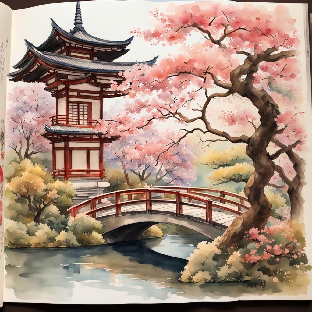 Japanese Garden with Geisha in Watercolor Style