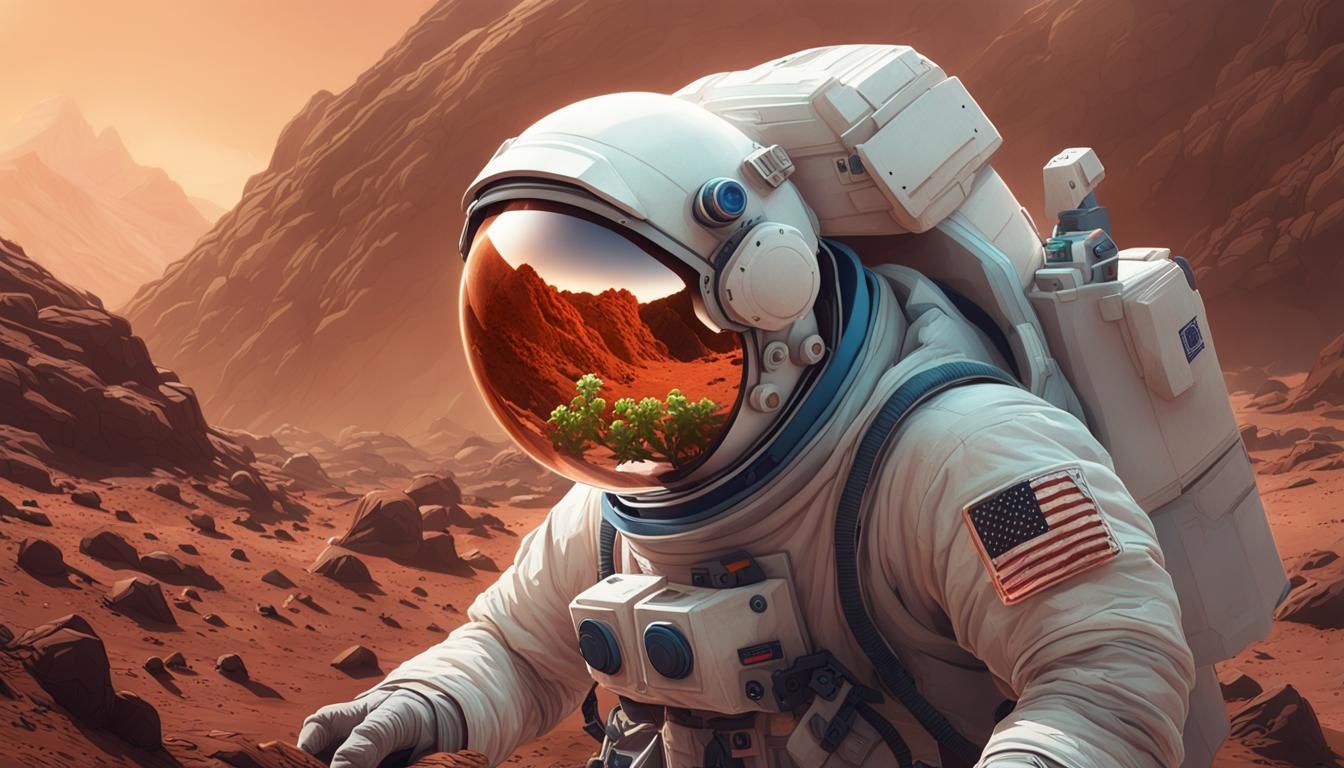 Astronaut Discovering Plant on Mars, Hyperdetailed Portrait