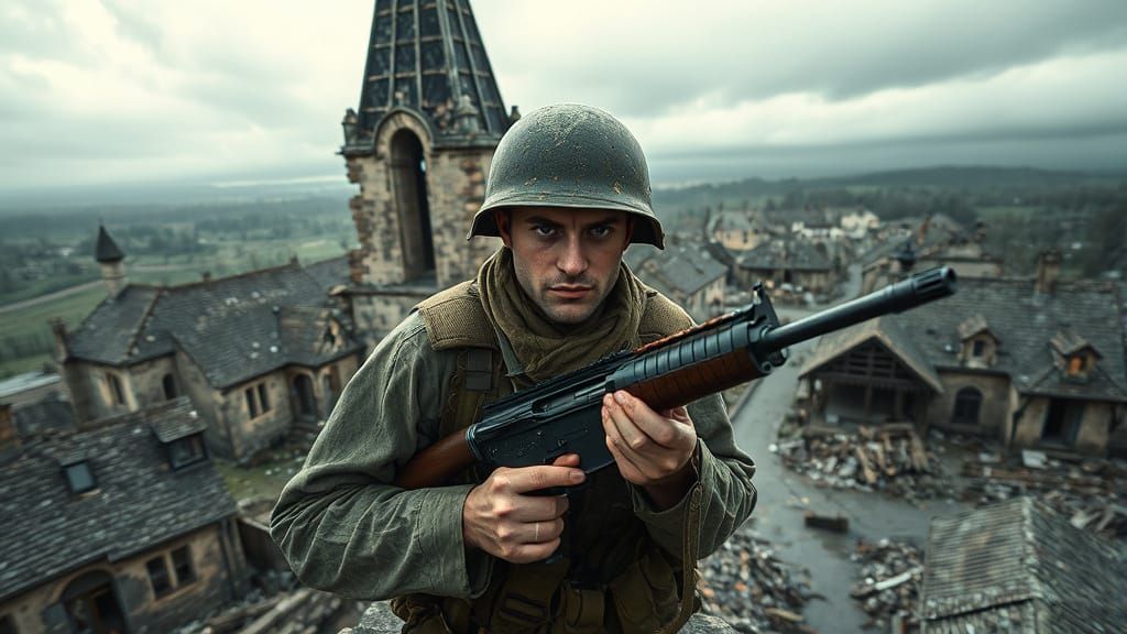 American Soldier in Ruined French Village