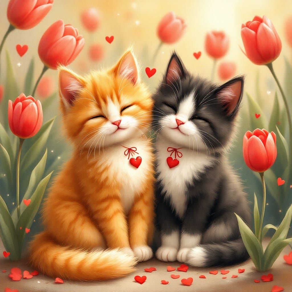 Romantic Feline Friends in a Vibrant Tulip Field