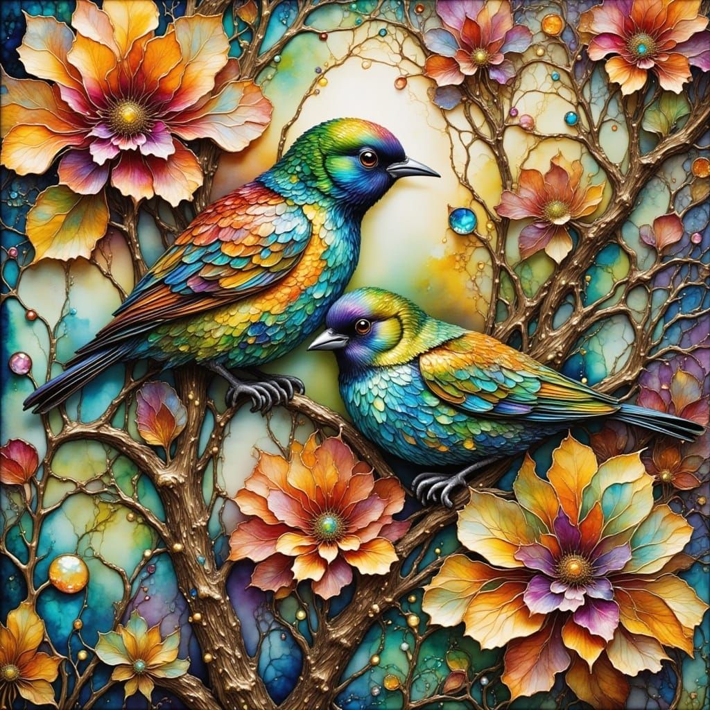 Surreal Birds Amidst Vintage Floral Textures