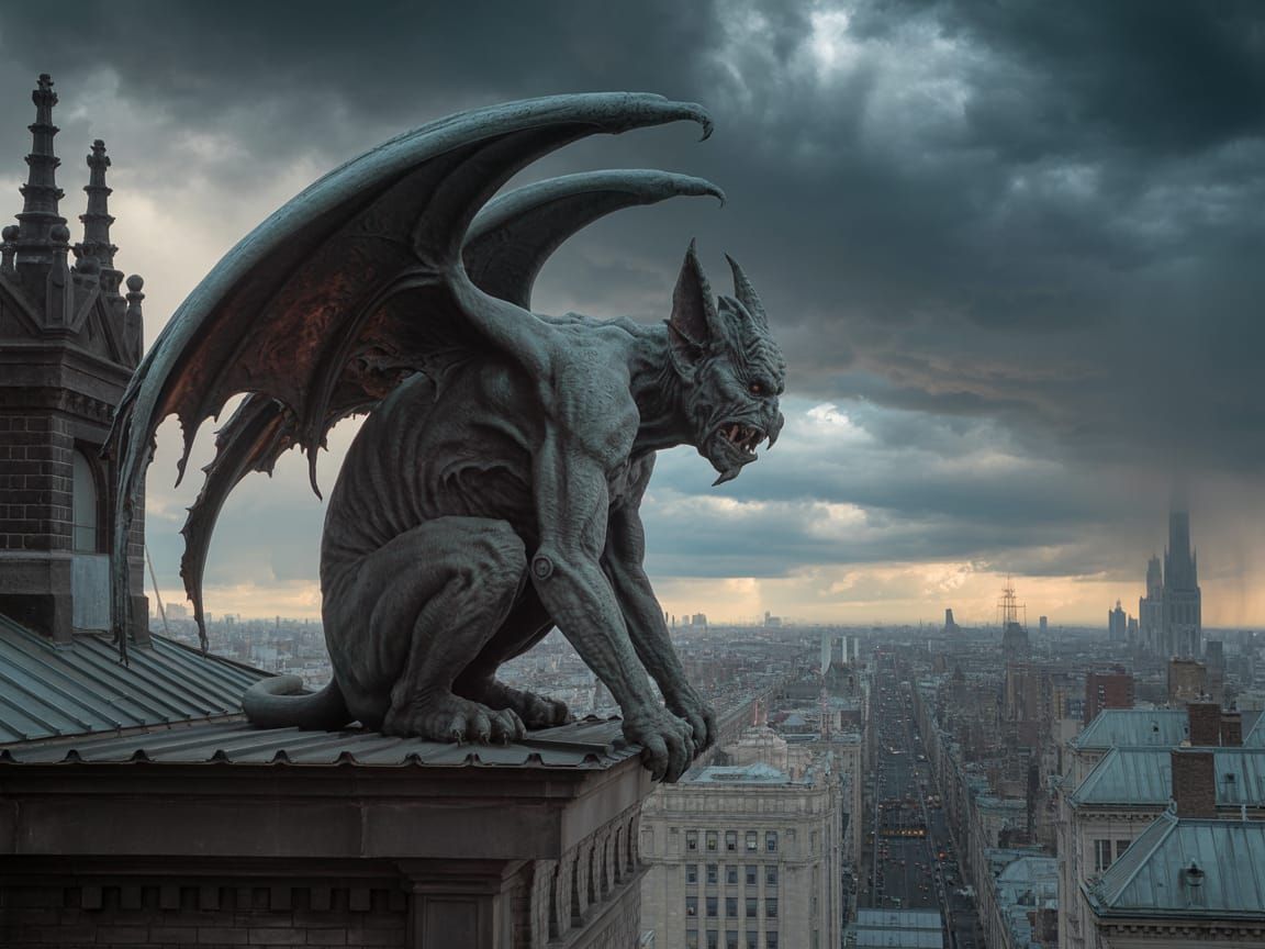 Gothic Gargoyle Emerges as Ominous Storm Brews
