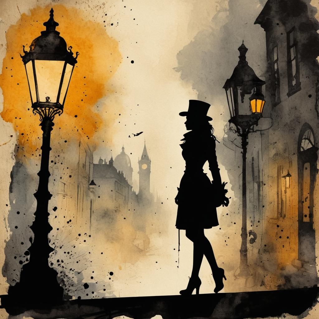 Silhouette of a woman standing next to a lamp post, modern European ink painting, steampunk background, ink stains, the ...