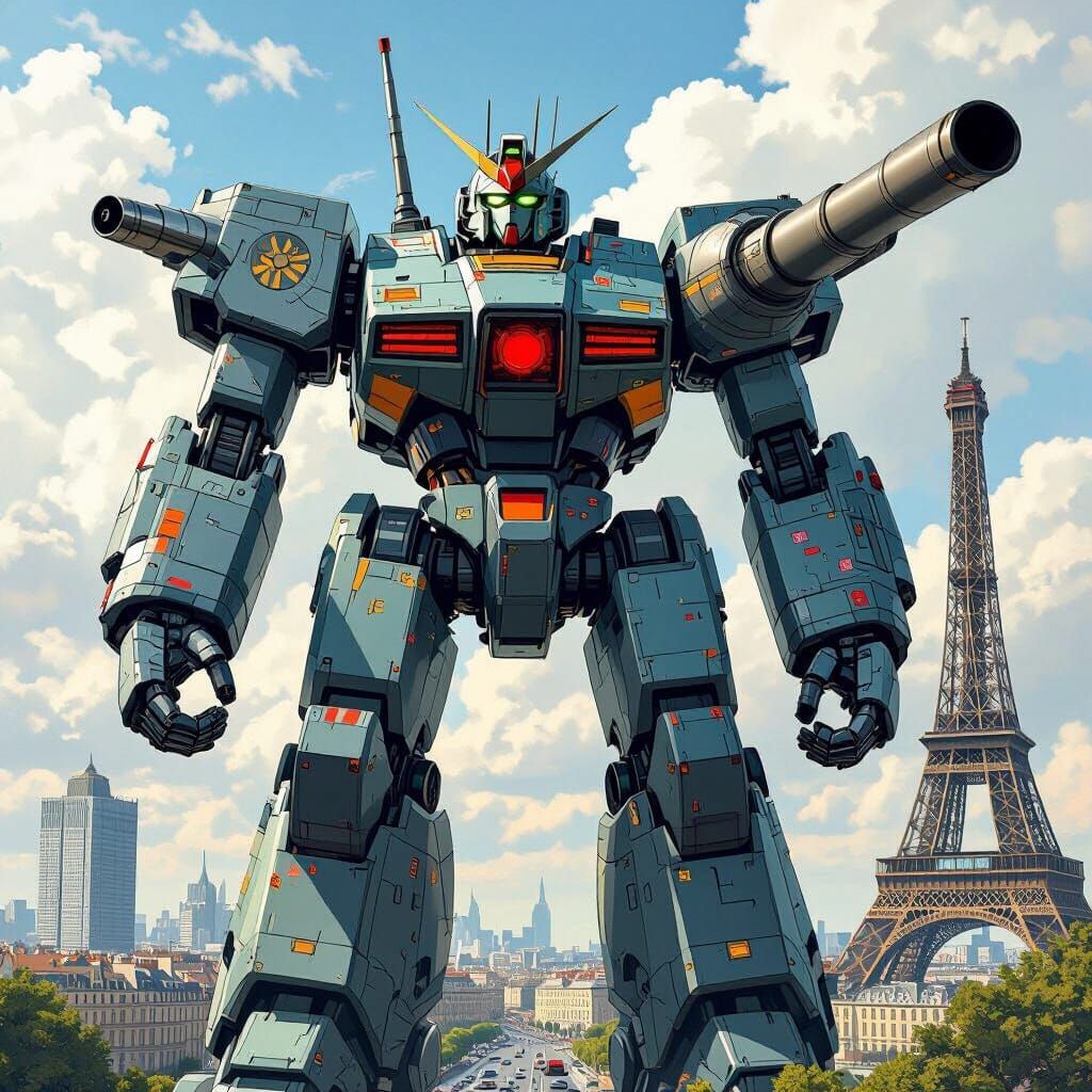 Giant Robot in Dark Fantasy Cityscape